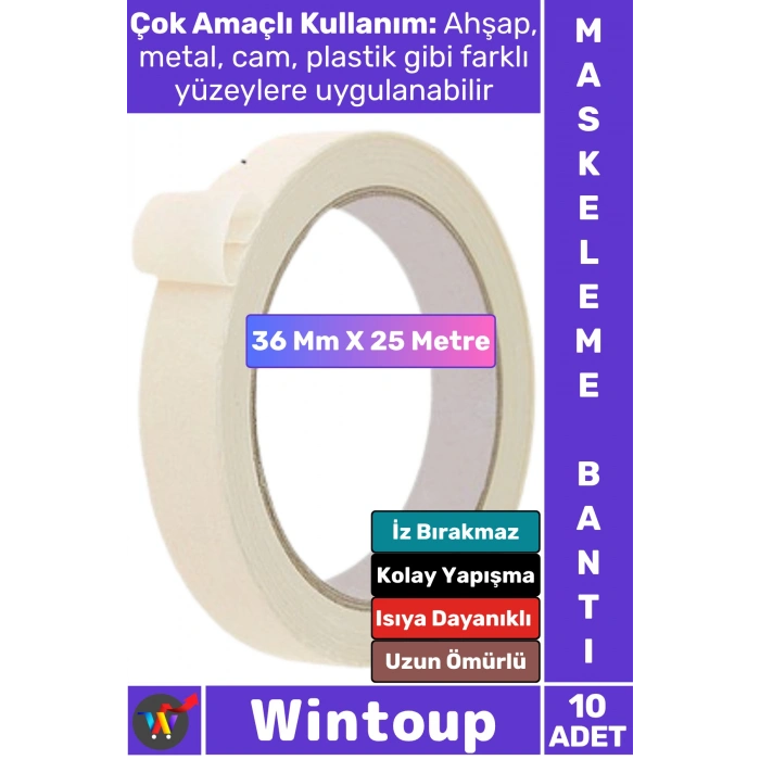 #Bant İz Bırakmaz Isıya Dayanıklı İnce Krep Kağıt Kolay Yapışma Sökülebilme Elle Yırtılabilen Ahşap Metal Cam Plastik Otomotiv Boya Badana 36 Mm X 25 Metre Maskeleme Bantı 10 Adet