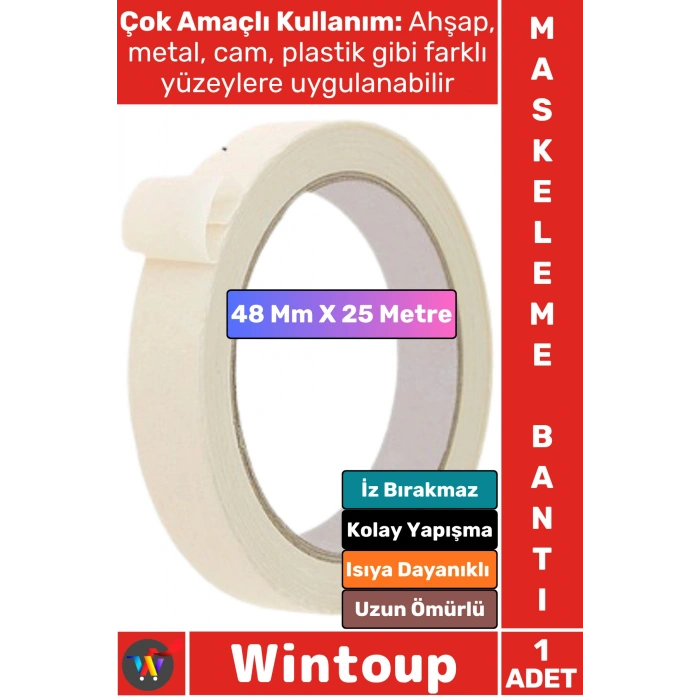 #Bant İz Bırakmaz Isıya Dayanıklı İnce Krep Kağıt Kolay Yapışma Sökülebilme Elle Yırtılabilen Ahşap Metal Cam Plastik Otomotiv Boya Badana 48 Mm X 25 Metre Maskeleme Bantı 1 Adet