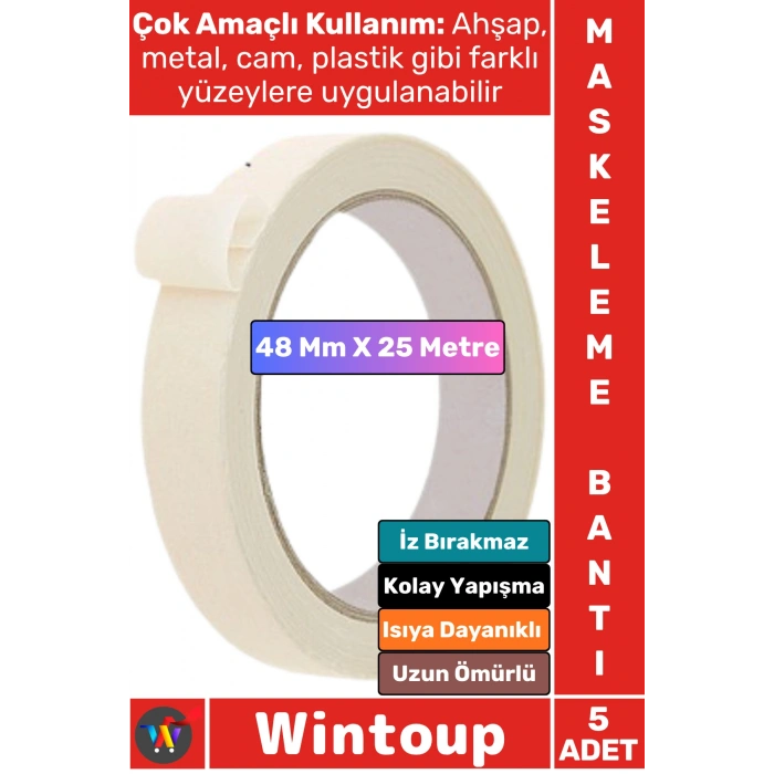 #Bant İz Bırakmaz Isıya Dayanıklı İnce Krep Kağıt Kolay Yapışma Sökülebilme Elle Yırtılabilen Ahşap Metal Cam Plastik Otomotiv Boya Badana 48 Mm X 25 Metre Maskeleme Bantı 5 Adet