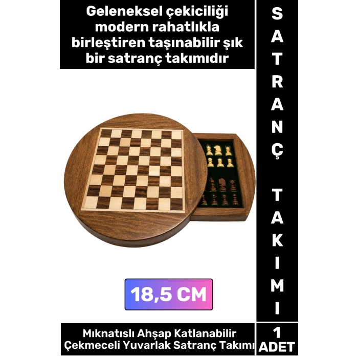 #Satranç Özel Model Aile Ev Arkadaş Hediye Cafe Kamp Piknik Zeka Strateji Beceri Geliştirici Eğlenceli Taşınabilir Mıknatıslı Taşlı Katlanabilir Çekmeceli Ahşap Yuvarlak Satranç Takımı 18.5 Cm