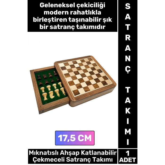 #Satranç Özel Model Aile Ev Arkadaş Hediye Cafe Kamp Piknik Zeka Strateji Beceri Geliştirici Eğlenceli Taşınabilir Mıknatıslı Taşlı Katlanabilir Çekmeceli Ahşap Satranç Takımı 17,5 Cm