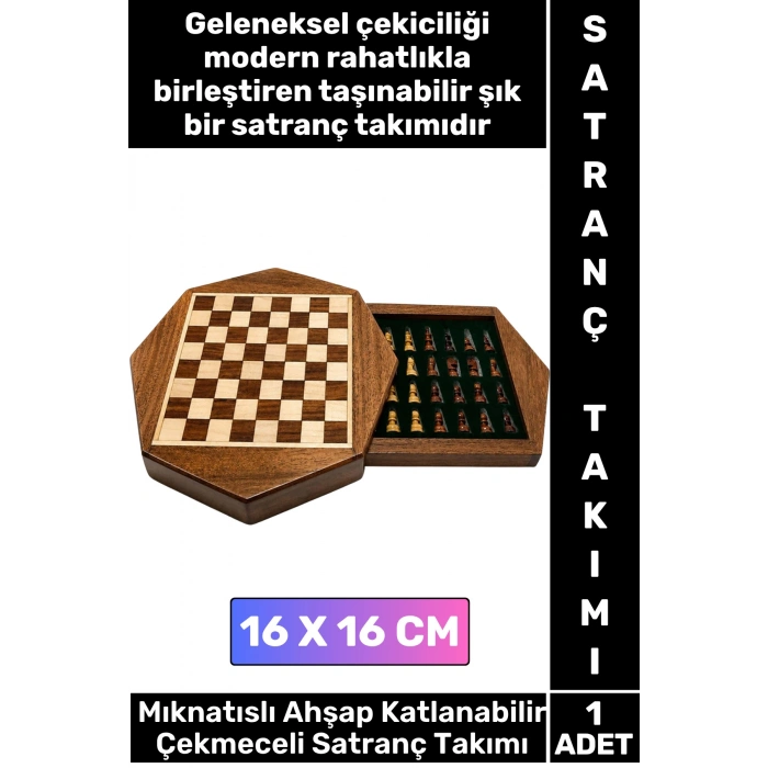 #Satranç Özel Model Aile Ev Arkadaş Hediye Cafe Kamp Piknik Zeka Strateji Beceri Geliştirici Eğlenceli Taşınabilir Mıknatıslı Taşlı Katlanabilir Çekmeceli Ahşap Satranç Takımı 16 X 16 Cm