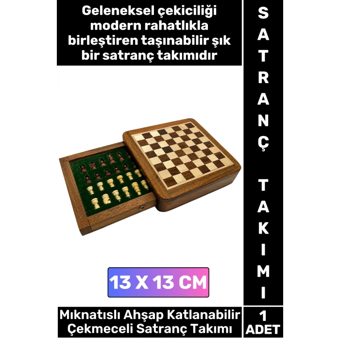 #Satranç Özel Model Aile Ev Arkadaş Hediye Cafe Kamp Piknik Zeka Strateji Beceri Geliştirici Eğlenceli Taşınabilir Mıknatıslı Taşlı Katlanabilir Çekmeceli Ahşap Satranç Takımı 13 X 13 Cm