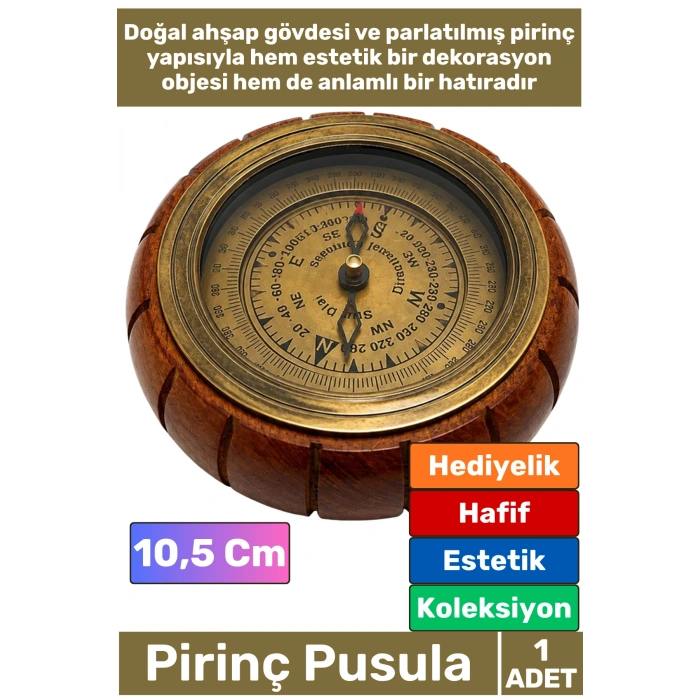 #Pusula Özel Tasarım Antika Görünüm Denizci Koleksiyonluk Sevgili Babalar Öğretmenler Günü Dekoratif Nostaljik Şık Hediye Ahşap Gövdeli Pirinç Pusula 10,5 Cm