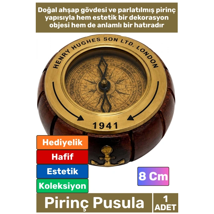 #Pusula Özel Tasarım Antika Görünüm Denizci Koleksiyonluk Sevgili Babalar Öğretmenler Günü Dekoratif Nostaljik Şık Hediye Ahşap Gövdeli Pirinç Pusula 8 Cm