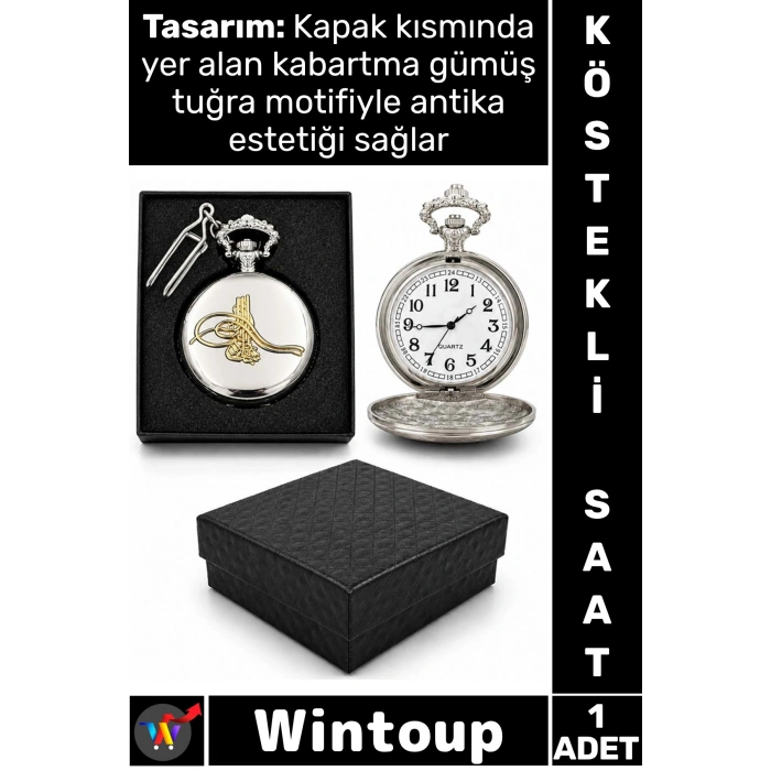 #Saat Retro 4x5 Cm Klasik Tasarım Koleksiyonluk Hediyelik Özel Kutulu Gümüş Tuğralı Köstekli Saat