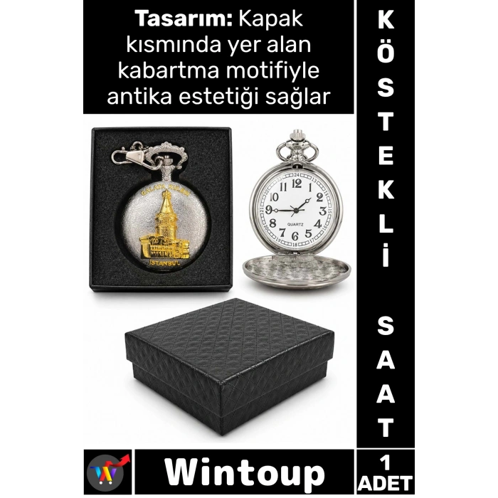 #Saat Retro 4x5 Cm Klasik Koleksiyonluk Hediyelik Özel Kutulu Gümüş Şık Galata Kulesi Köstekli Saat