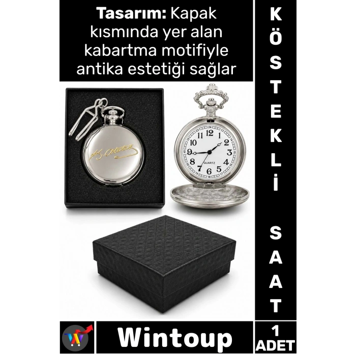 #Saat Retro 4x5 Cm Klasik Koleksiyonluk Hediyelik Özel Kutulu Gümüş Şık Atatürk İmzalı Köstekli Saat