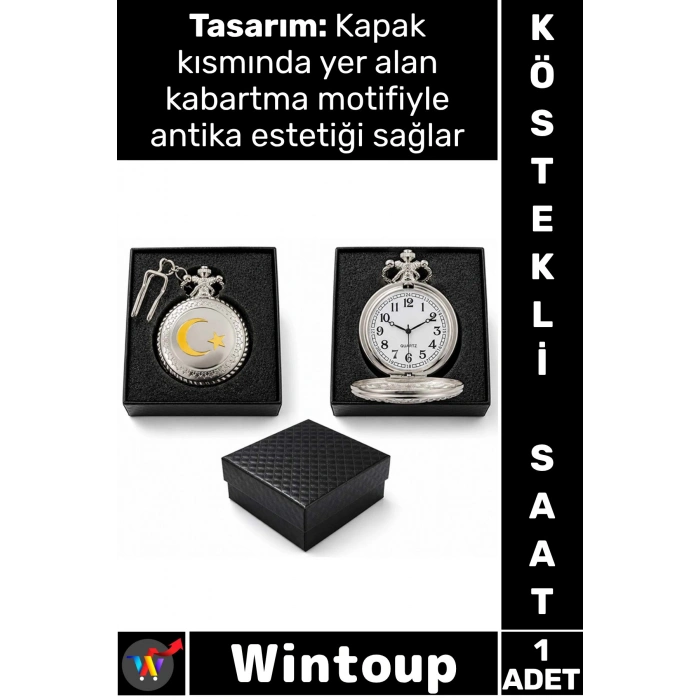 #Saat Retro 4x5 Cm Klasik Koleksiyonluk Hediyelik Özel Kutulu Gümüş Şık Türk Bayraklı Köstekli Saat