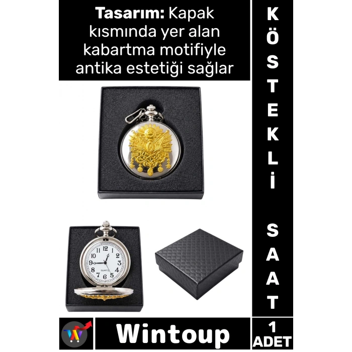 #Saat Retro 4x5 Cm Klasik Koleksiyon Hediyelik Özel Kutulu Gümüş Şık Tuğra Tasarımlı Köstekli Saat