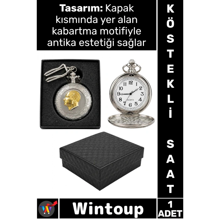 #Saat Retro 4x5 Cm Klasik Koleksiyonluk Hediyelik Özel Kutulu Gümüş Şık Atatürk Büstü Köstekli Saat