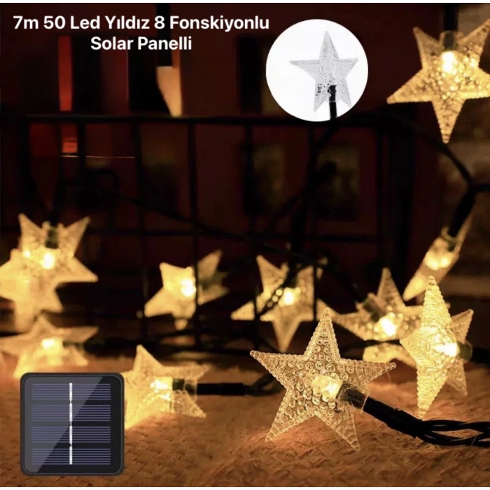 7m 50 Led Yıldız 8 Fonksiyonlu Solar Panelli-Gün Işığı