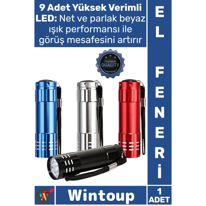 #ElFeneri Alüminyum Güçlü Beyaz Işık Kamp Balıkçı Avcı Kompakt Taşınabilir 9 Ledli Pilli El Feneri