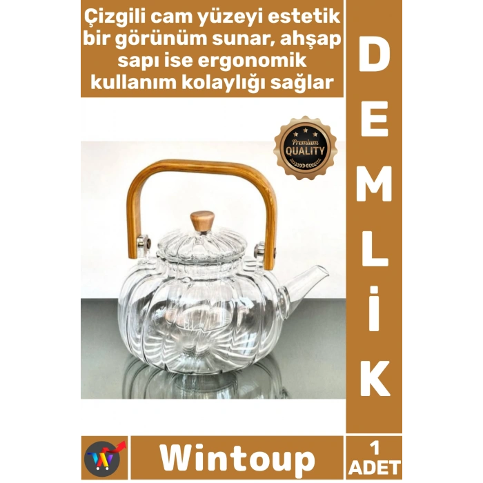 Ahşap Saplı Cam Çizgili Demlik