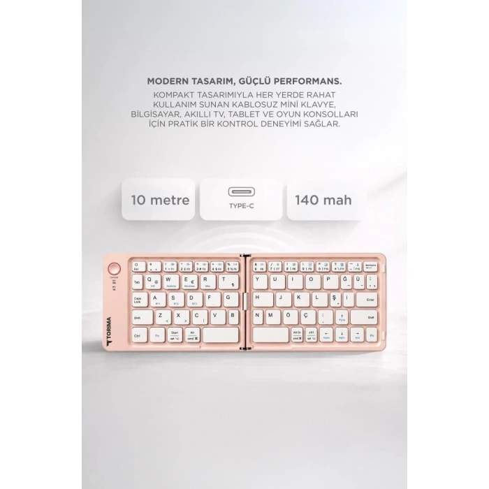 Aksesuar Cep Ofis Kablosuz Klavye Bluetooth Katlanabilir Şarjlı Mini Klavye TK08 Pembe