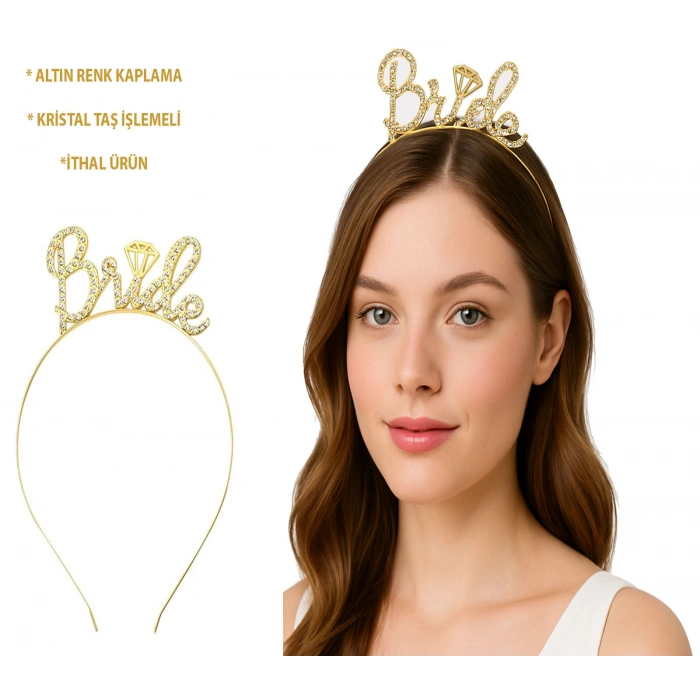 Altın Renkli Taşlı “Bride” Gelin Tacı