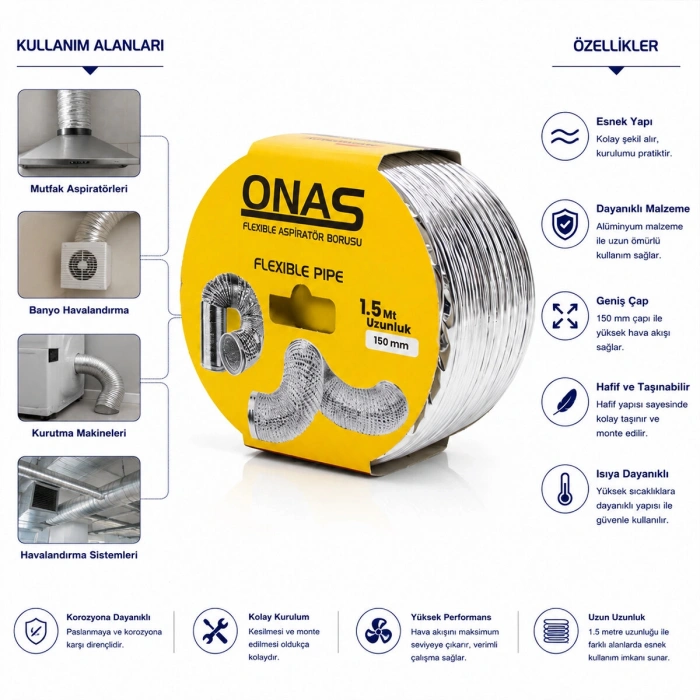 Aspiratör Borusu - Esnek - 150 mm x 1.5 mt