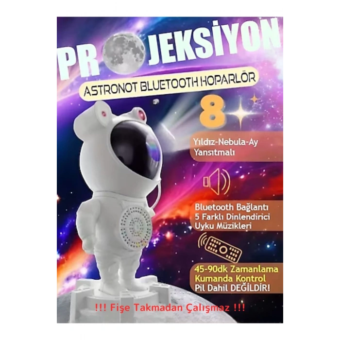 Astronot Projektör Galaxy Bluetooth/Kumandalı Hoparlör Gece Lambası