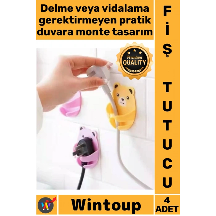 #FişTutucu Duvara Monte Pratik Dekoratif Kablo Düzenleme Mutfak Sevimli Ayıcık Desen Fiş Tutucu 4lü