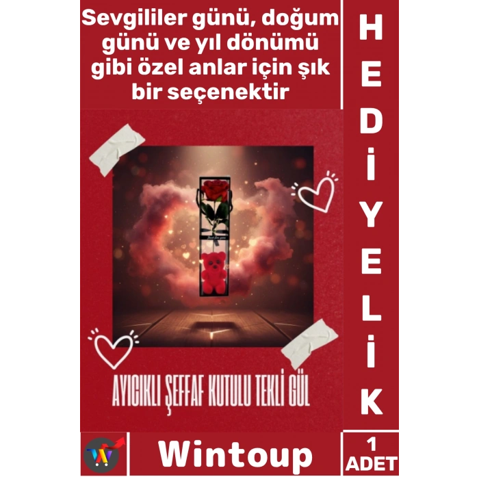 Ayıcıklı Şeffaf Kutulu Tekli Gül