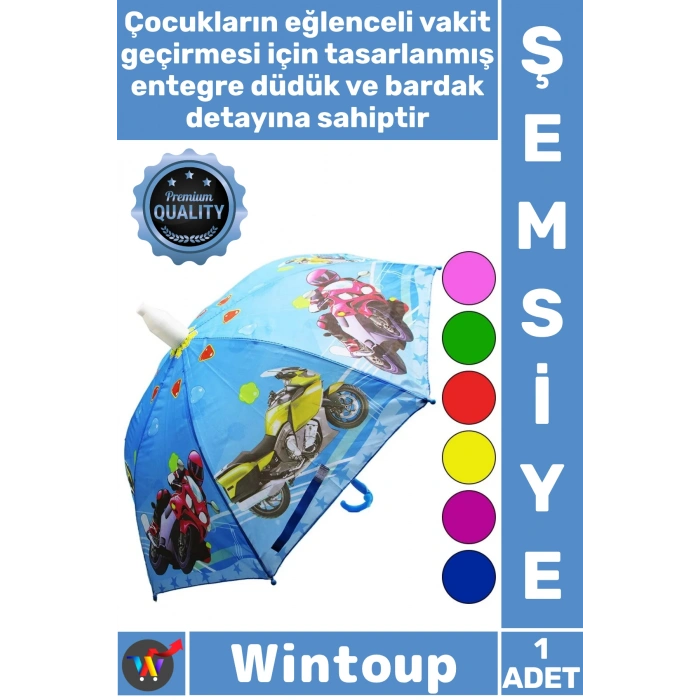 #Şemsiye Dayanıklı Renkli Eğlenceli Kaliteli Kız Erkek Bardaklı Düdüklü 8 Telli Çocuk Şemsiyesi