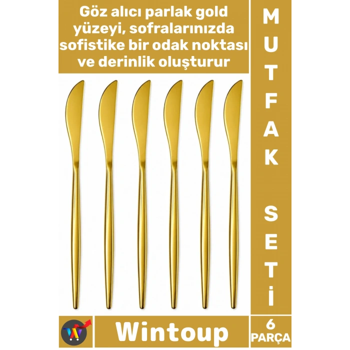 #Bıçak Lüks Parlak Tasarım Şık Sofra Sunum 21 cm Paslanmaz Çelik Gold Renk 6 Parça Yemek Bıçağı Seti