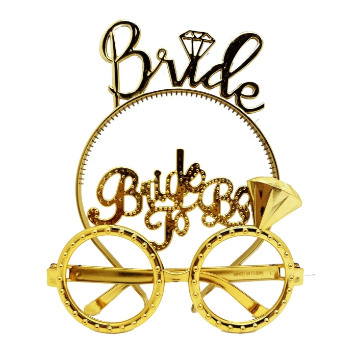 Bride Yazılı Taç ve Bride To Be Yazılı Gözlük Seti - Altın Renk
