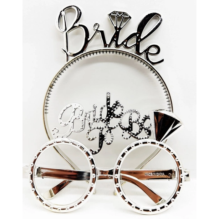 Bride Yazılı Taç ve Bride To Be Yazılı Gözlük Seti - Gümüş Renk
