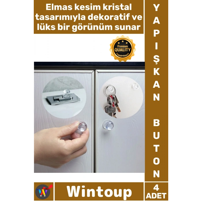 #Buton Dekoratif Şık Dolap Kulp Sifon 4 Adet Kristal Tasarımlı Çok Amaçlı Yapışkanlı Tutacak Buton
