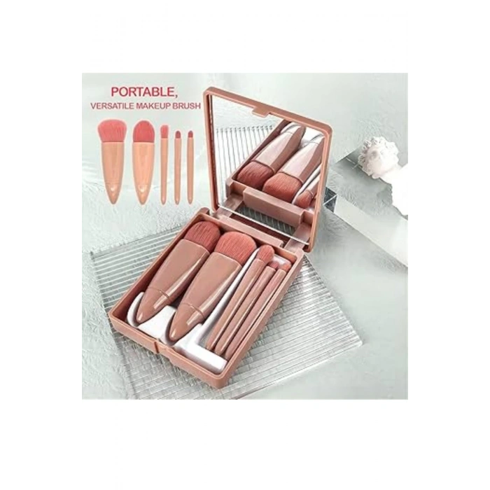 Çanta Boy Aynalı 5li Makyaj Fırça Seti Göz Farı&Fondöten&Allık Karıştırma&Makyaj Fırçaları