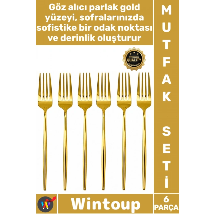 #Çatal Lüks Şık Modern Tasarım Mutfak Sofra Paslanmaz Çelik Gold Renk 6 Parça Yemek Çatalı Seti
