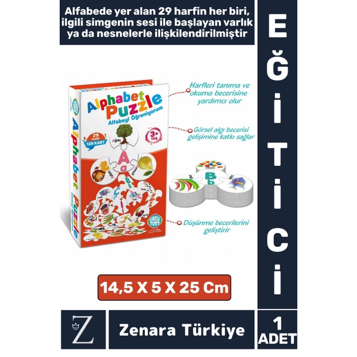Çocuk Alfabe Dil Bilgisi Öğretici Zeka Geliştirici Parça Bütün İlişkisi Kurma 128Parça Puzzle-ALFABE
