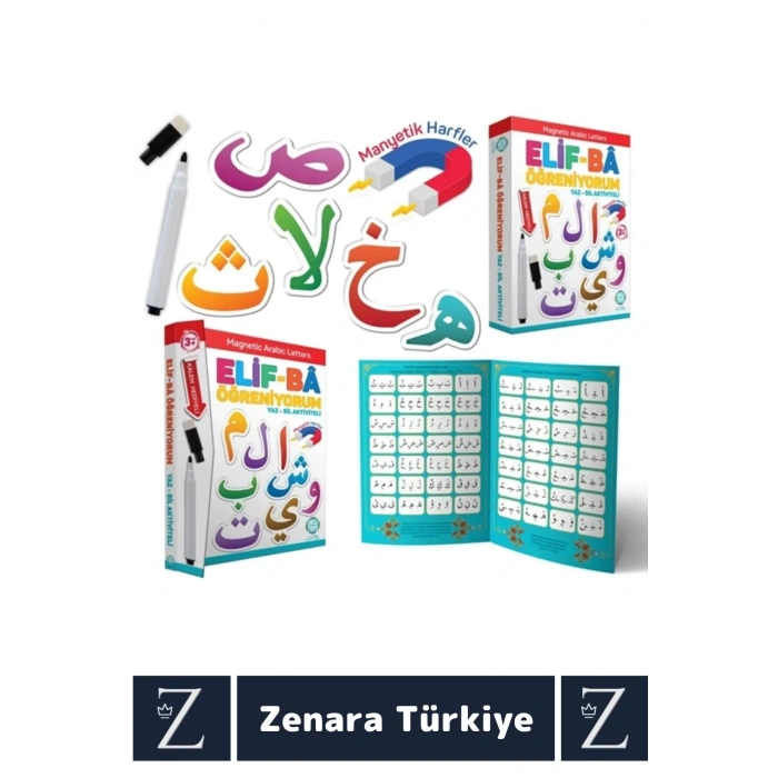 Çocuk Eğitici Arapça Alfabe Manyetik Klasör ve Harfler YAZ-SİL Kalem Aktiviteli ELİF Ba Öğreniyorum