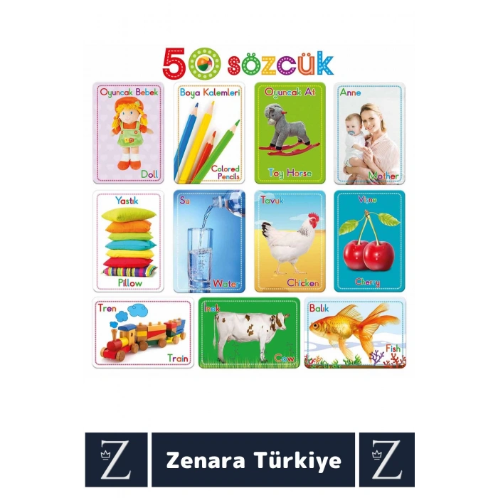 Çocuk Eğitici Zeka Geliştiren Yabancı Dil Öğretici Eğlenceli İNGİLİZCE TÜRKÇE KARTLAR- İLK 50 SÖZCÜK