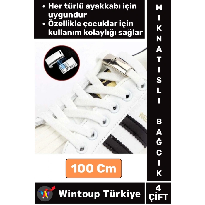 Çocuk Genç Yetişkin Şık Klipsli Manyetik Lastikli Pratik Mıknatıslı Ayakkabı Bağcığı 100 Cm 4 Çift