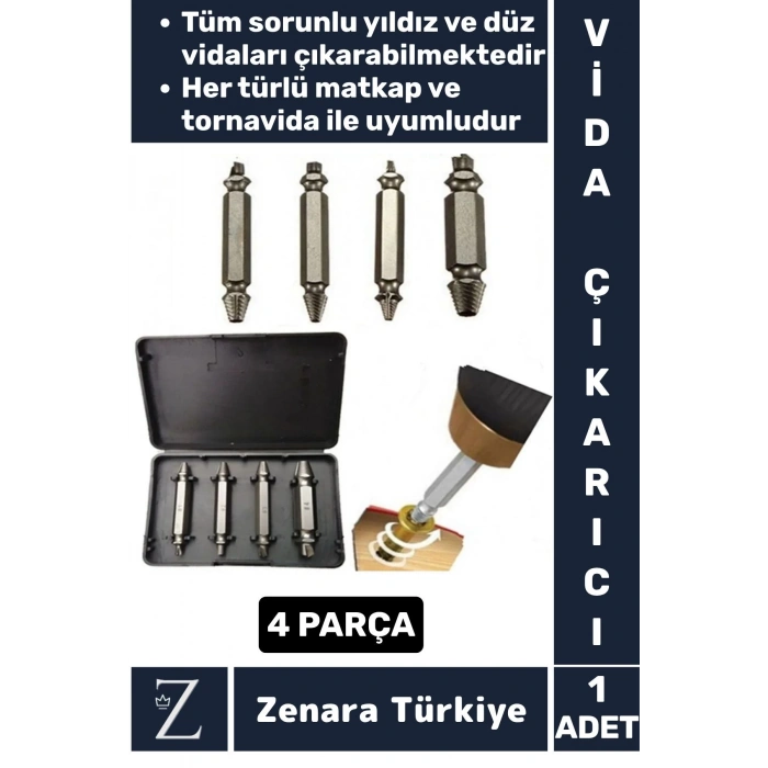 Dayanıklı Matkap Tornavida Uyumlu Hasarlı Paslı Kırık Yamuk Vida Sökme Çıkarma 4 Farklı Uçlu Set