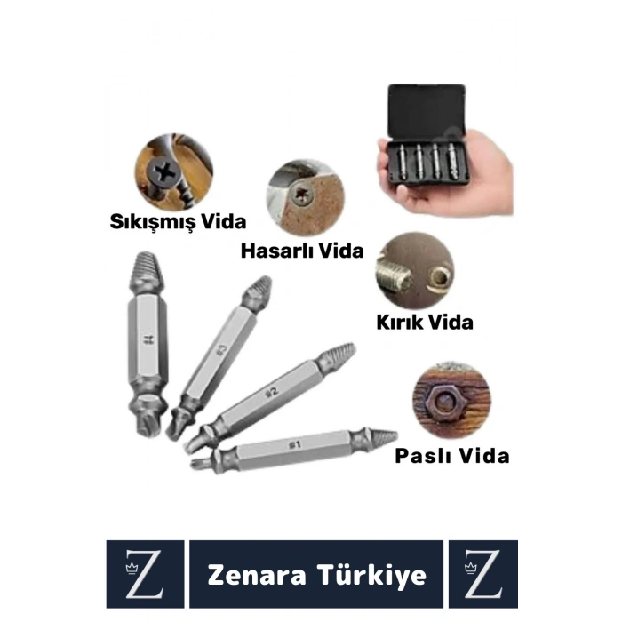 Dayanıklı Matkap Tornavida Uyumlu Hasarlı Paslı Kırık Yamuk Vida Sökme Çıkarma 4 Farklı Uçlu Set