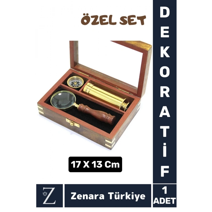 Dekoratif Koleksiyon Sevgili Özel Gün Hediye PİRİNÇ Ahşap Kutu Pusula Dürbün Büyüteç ÖZEL SET