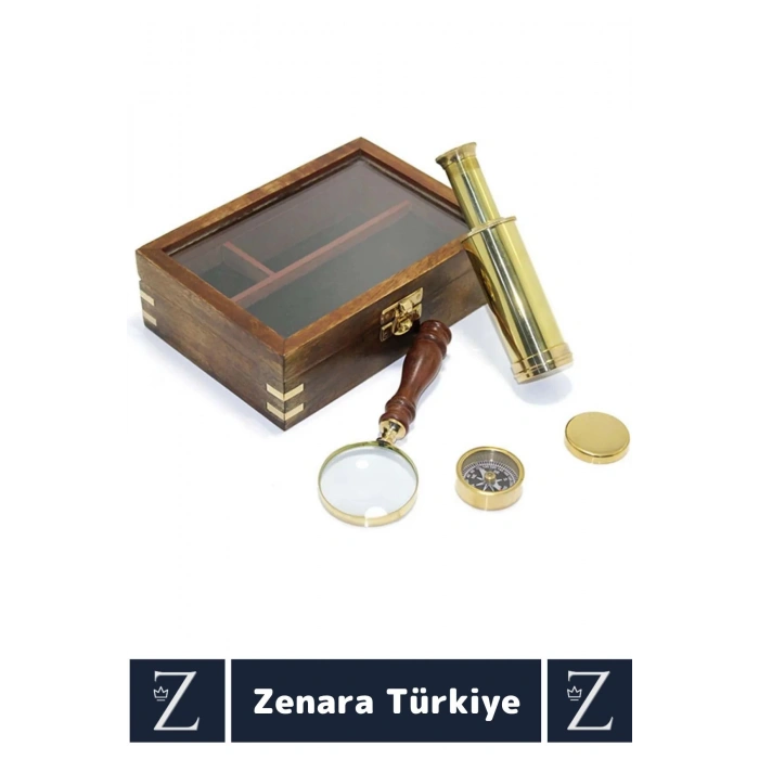 Dekoratif Koleksiyon Sevgili Özel Gün Hediye PİRİNÇ Ahşap Kutu Pusula Dürbün Büyüteç ÖZEL SET