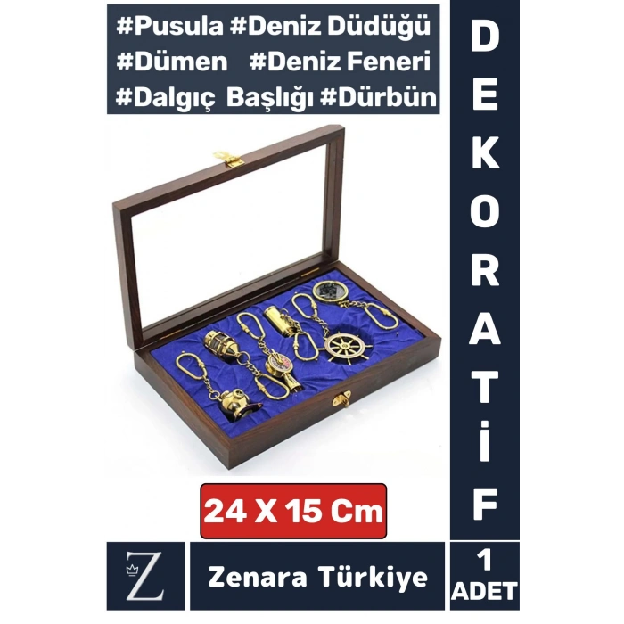 Dekoratif Şık Hediyelik Denizci Temalı Yüksek Kaliteli Ahşap Kutulu PİRİNÇ Anahtarlık Seti 6 Parça