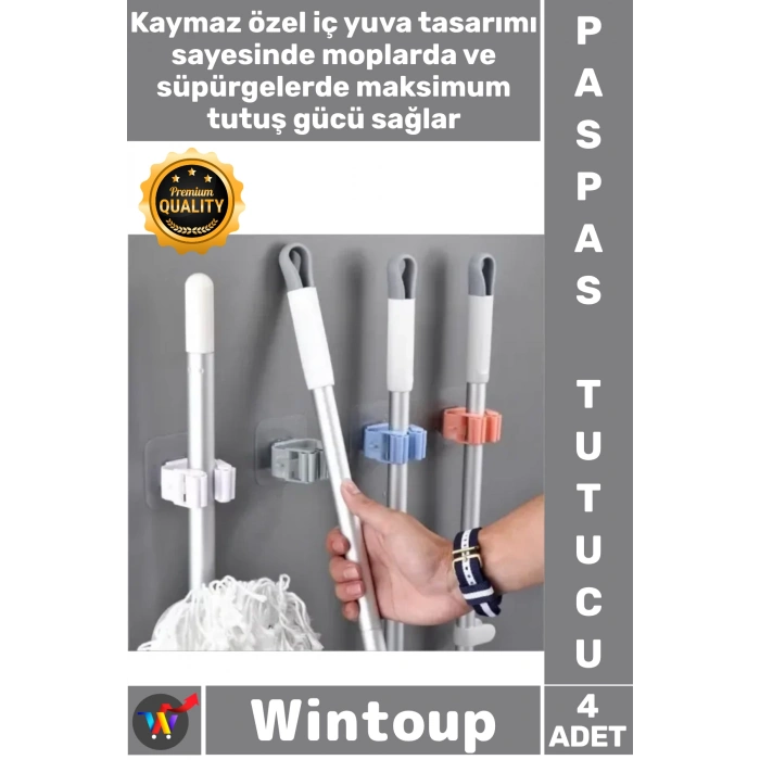 #Mop Güçlü Yapışkanlı Askı Aparatı Organizer Düzenleyici Askı Duvara Monte Mop Paspas Tutucu 4 Adet