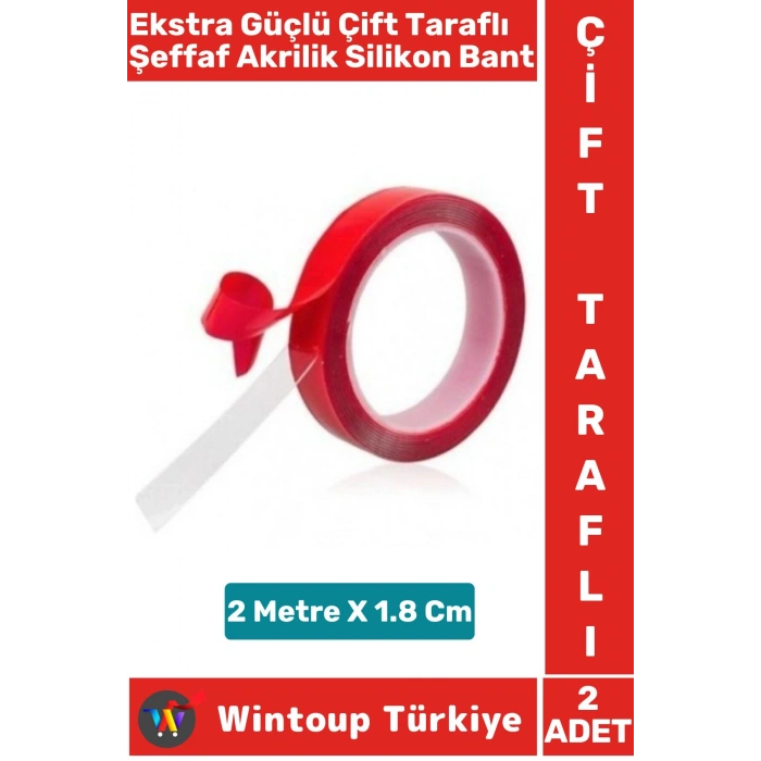 Ekstra Güçlü Suya Küfe Neme Dayanıklı Şeffaf Çift Taraflı Akrilik Silikon Bant 2 Metre X 1.8 Cm 2 Ad
