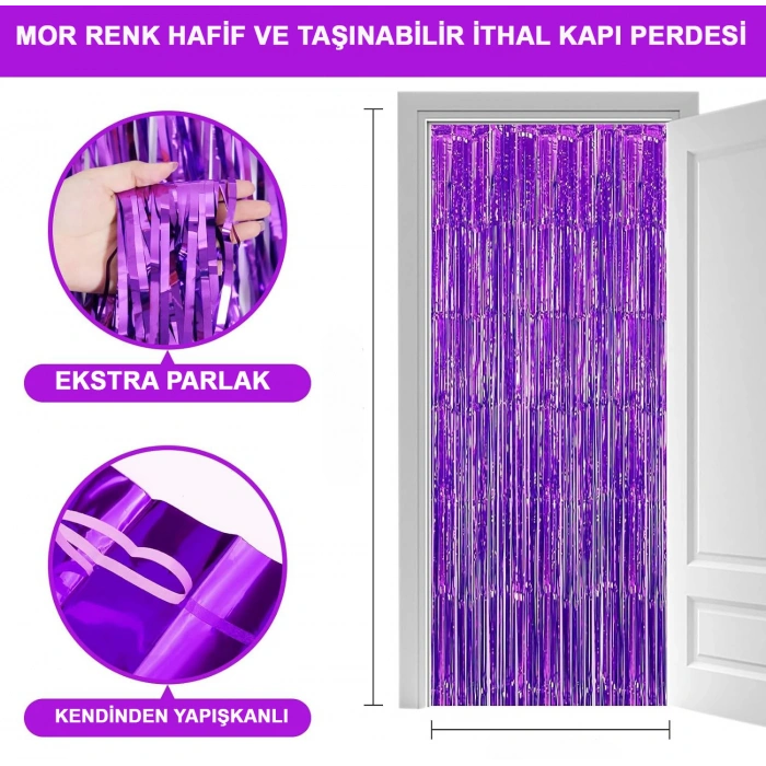 Ekstra Metalize Saçaklı Arka Fon Perde Mor