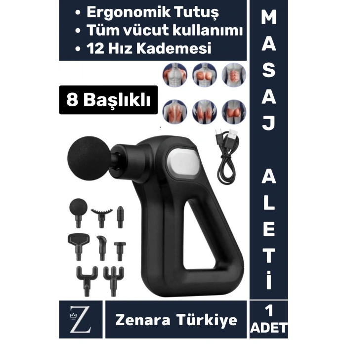 Ergonomik Kol Bacak Sırt Bel Yüksek Titreşim 12 Hız Kademeli Spor Fitness Kas 8 Başlıklı Masaj Aleti