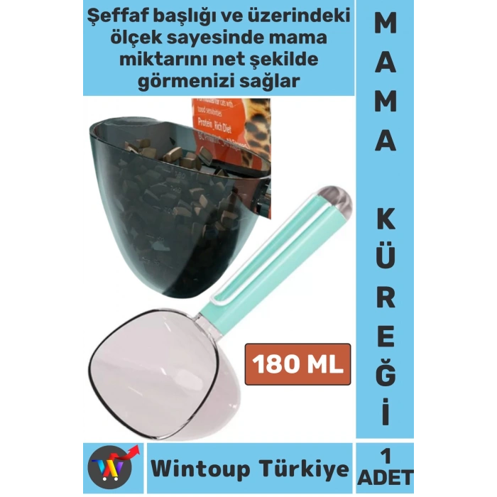 Ergonomik Tutuş Dayanıklı Plastik Hijyenik Klipsli Ölçekli Şeffaf Kedi Köpek Mama Küreği 180 ML
