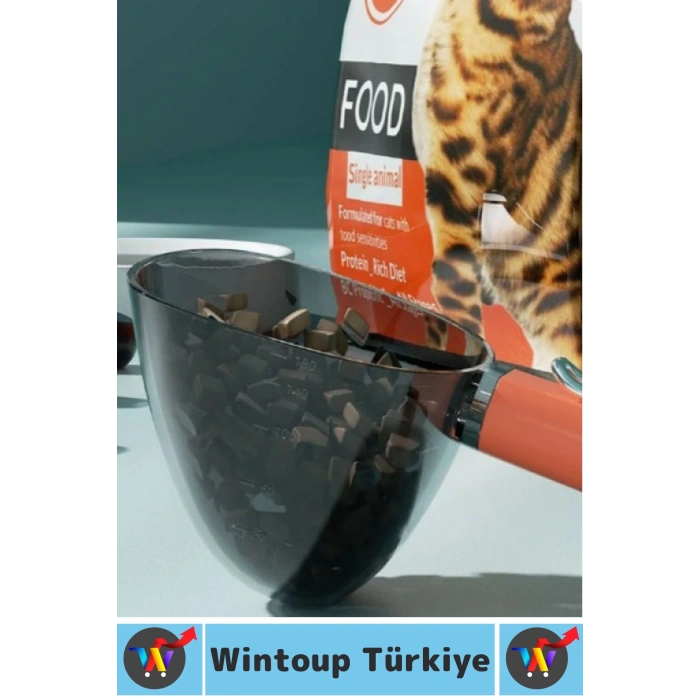 Ergonomik Tutuş Dayanıklı Plastik Hijyenik Klipsli Ölçekli Şeffaf Kedi Köpek Mama Küreği 180 ML