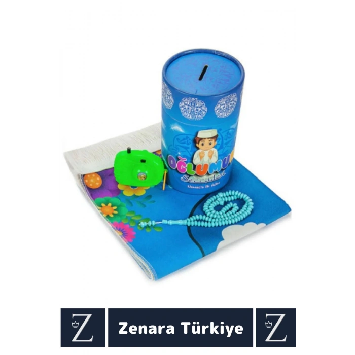 Erkek Çocuk İbadet Öğretici 3 Parça Seccade Tesbih Kumbara Tasarım Namaza İlk Adım OĞLUMUN SECCADESİ