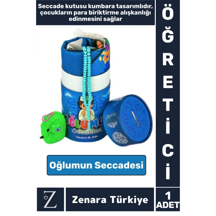 Erkek Çocuk İbadet Öğretici 3 Parça Seccade Tesbih Kumbara Tasarım Namaza İlk Adım OĞLUMUN SECCADESİ