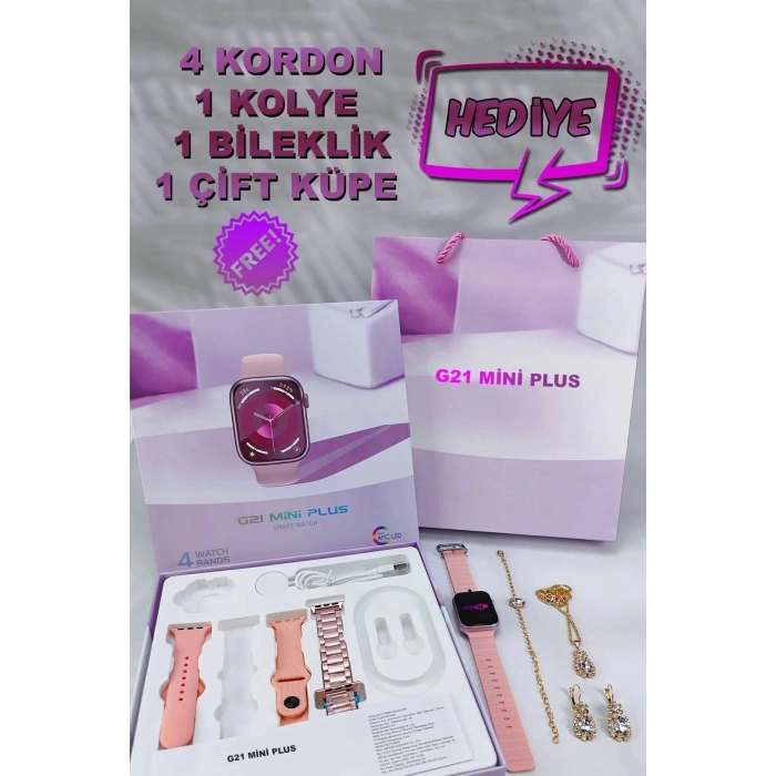 G21 Plus 4 Strap+Kolye+Bileklik+Küpe Hediyeli Akıllı Saat Woman Watch Gift Box