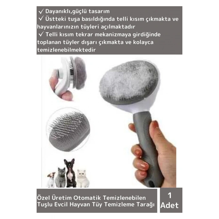 Güçlü Tasarım Otomatik Temizlenebilen Tuşlu Kedi Köpek Tüy Toplama Tarağı 1 Adet,